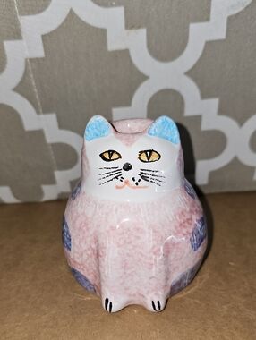 Pier 1 Italy Candle Holder Pink Blue Ceramic Cat Figurine with Blue Accents